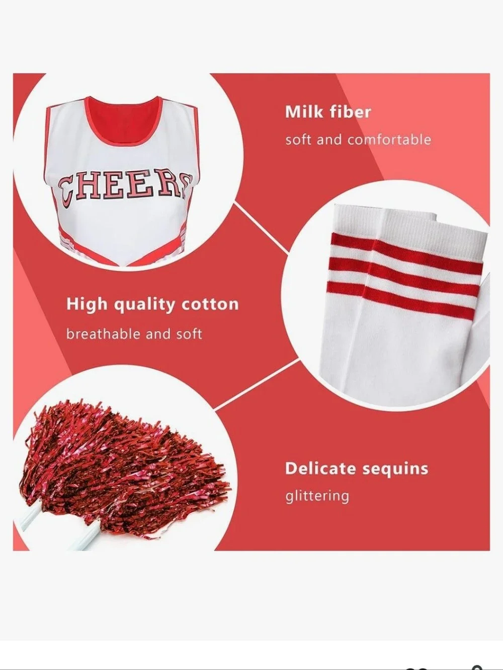 New Cheerleader Costume Dress with Pom Poms and Retro Socks - Red